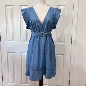 Topshop Chambray Ruffle Sleeve Mini Dress